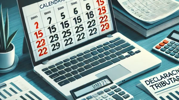 DALL·E 2024-12-20 01.23.33 - Un diseño profesional que ilustra un concepto de calendario tributario en español. La imagen debe mostrar un escritorio con un calendario marcado con